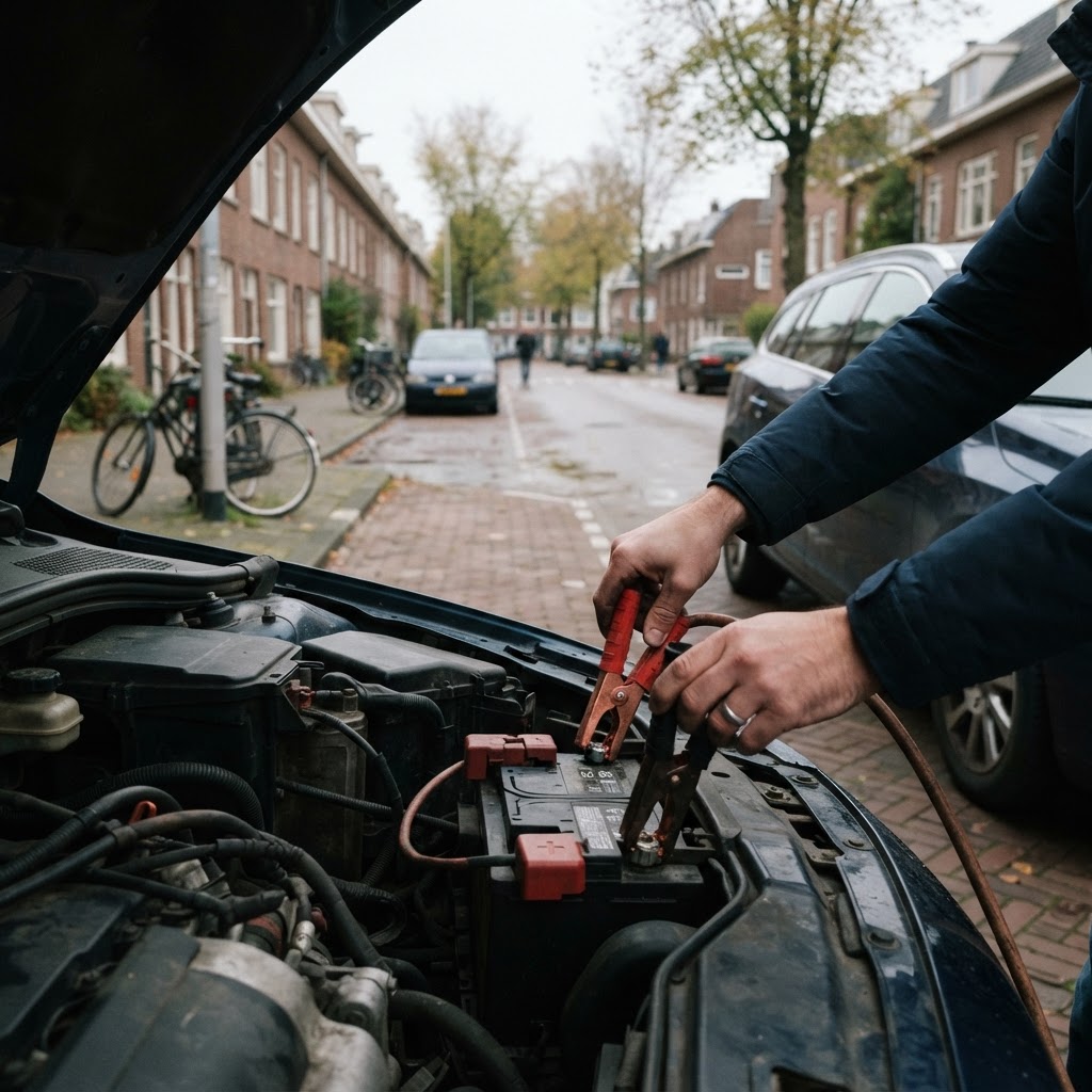Startkabels aansluiten op een auto-accu onder de motorkap