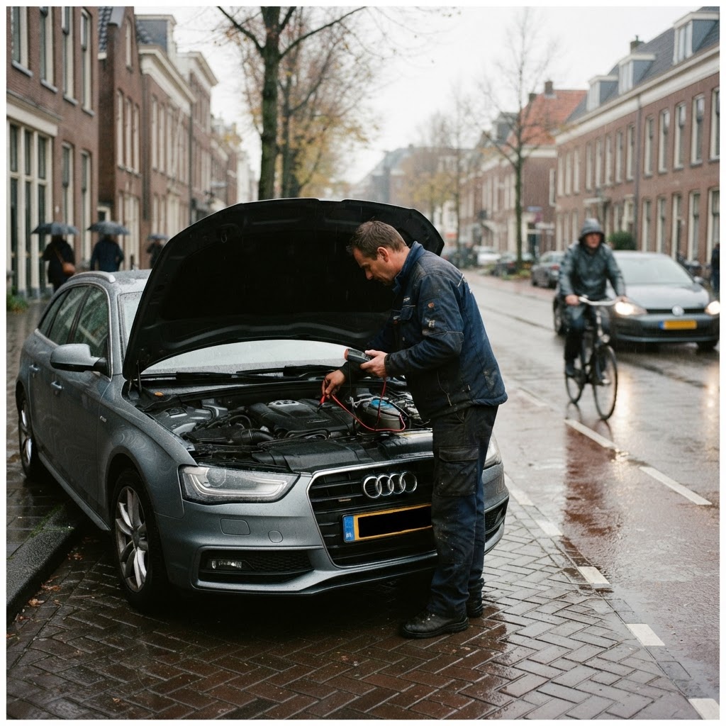 Audi pechhulp: monteur test de accu langs de weg