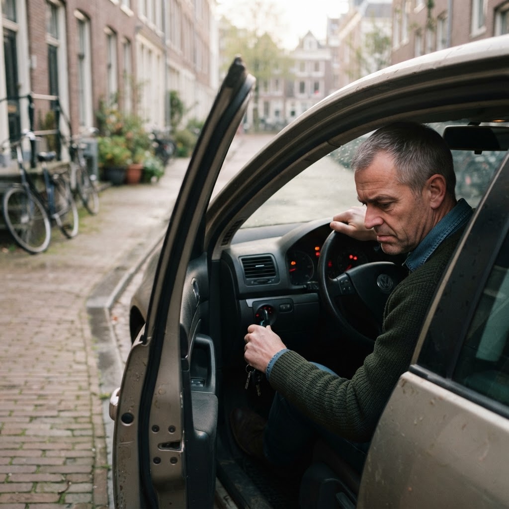 Bestuurder probeert een auto te starten die niet aanslaat
