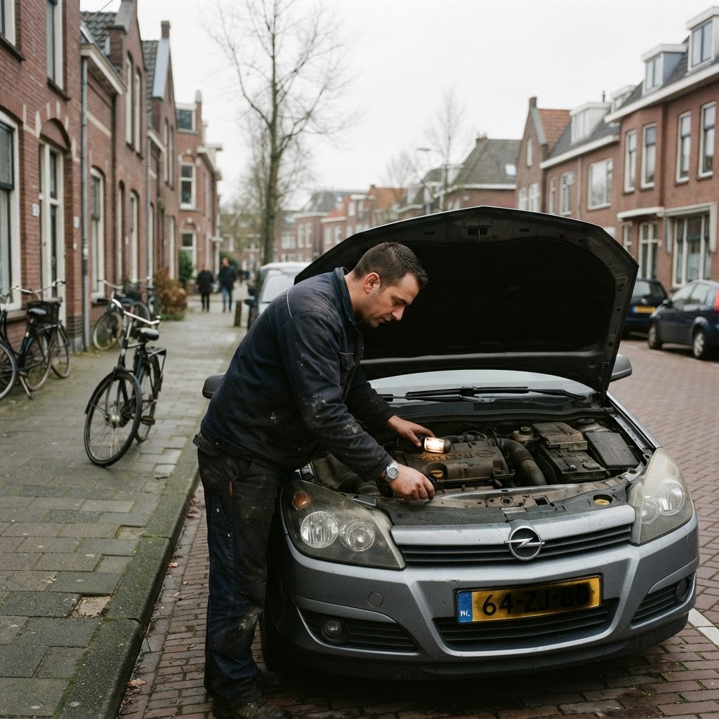 Opel pechhulp: monteur inspecteert de motor van een Opel