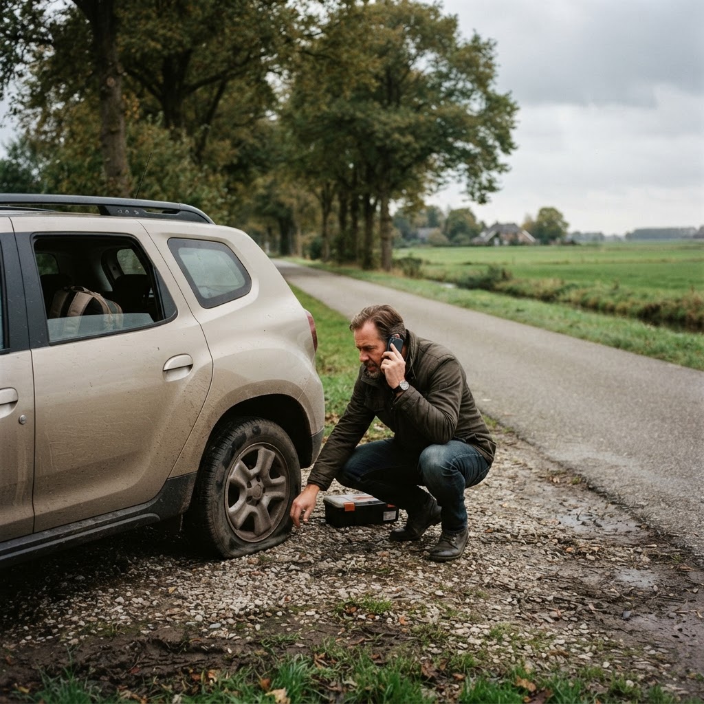 Dacia met een lekke band langs een landweg