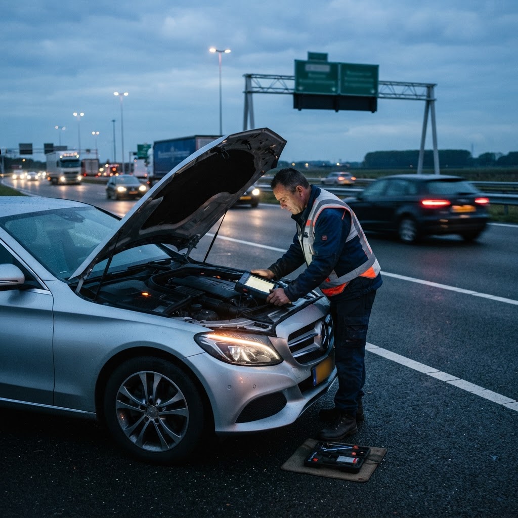 Mercedes pechhulp op de vluchtstrook van de snelweg
