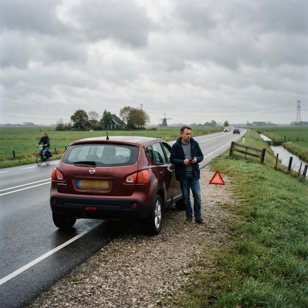 Nissan met pech langs een provinciale weg in Nederland