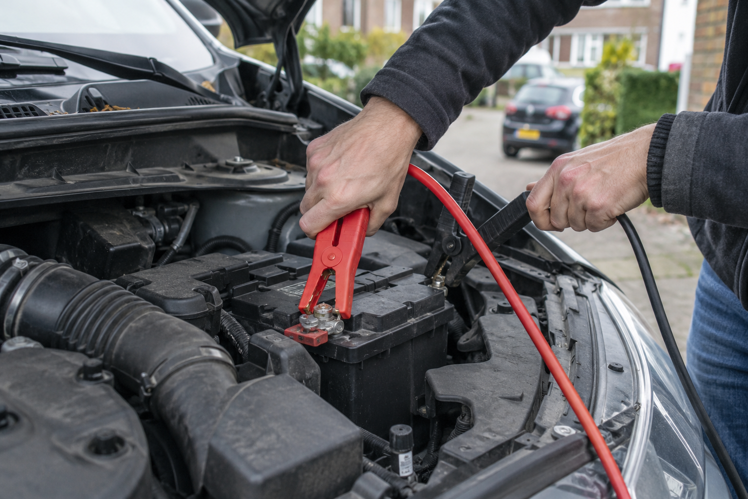 Startkabels aansluiten op auto-accu bij pechhulp
