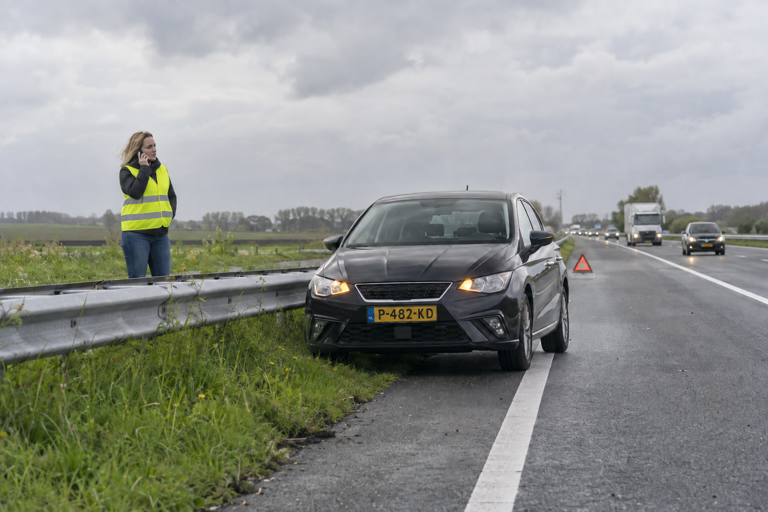 Vrouw met autopech langs de snelweg belt pechhulp