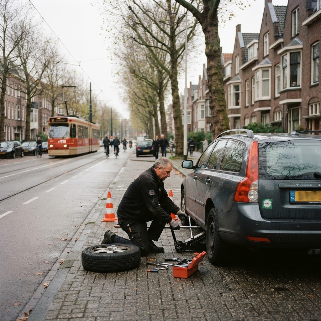 Pechhulpmonteur vervangt een band in Den Haag