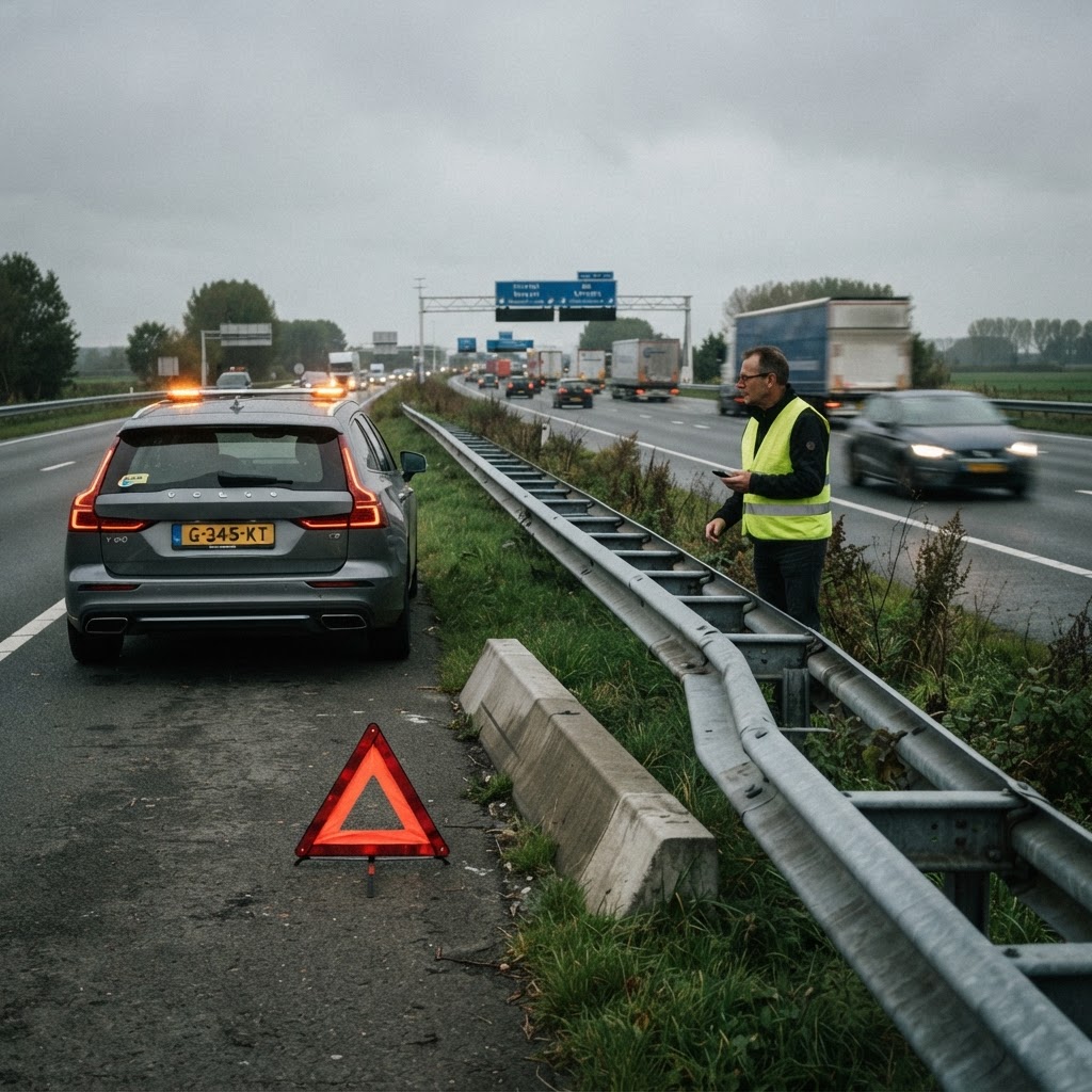 Auto met pech op de vluchtstrook van de snelweg met gevarendriehoek