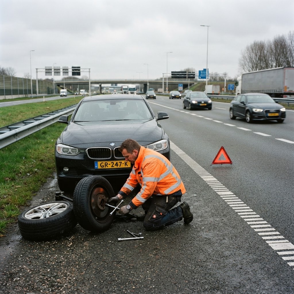 BMW pechhulp op de snelweg met monteur in veiligheidshesje