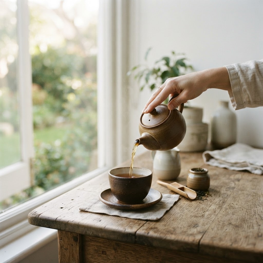 Tea being poured slowly beside a sunlit window