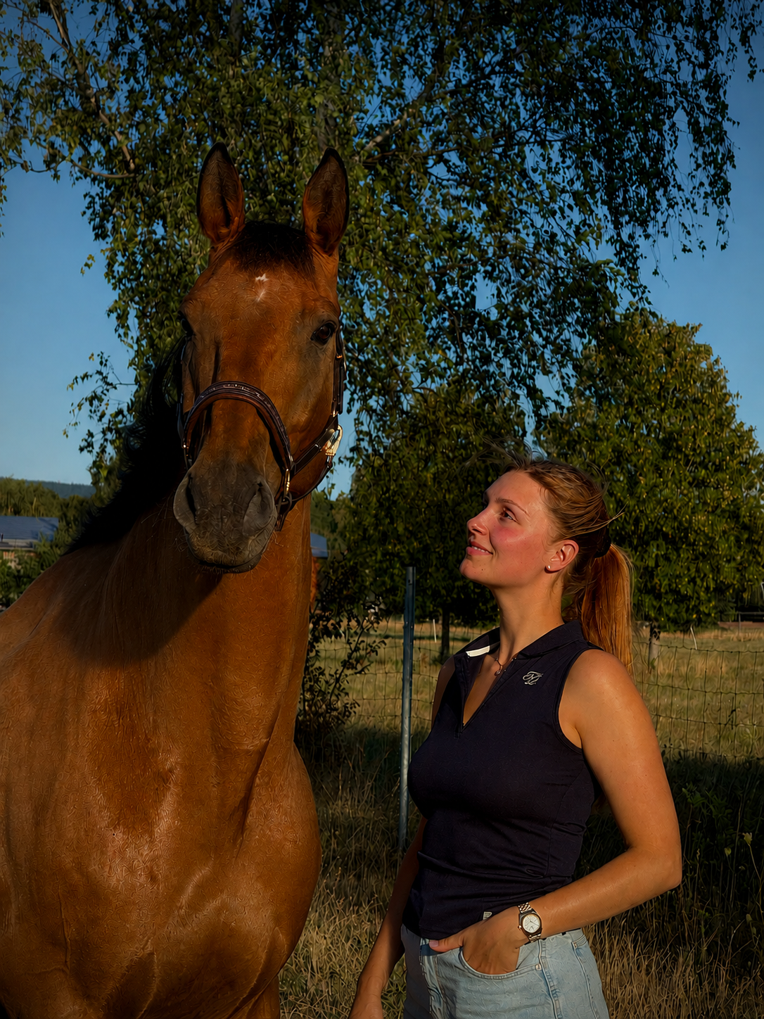 Frau mit Pferd zur goldenen Stunde