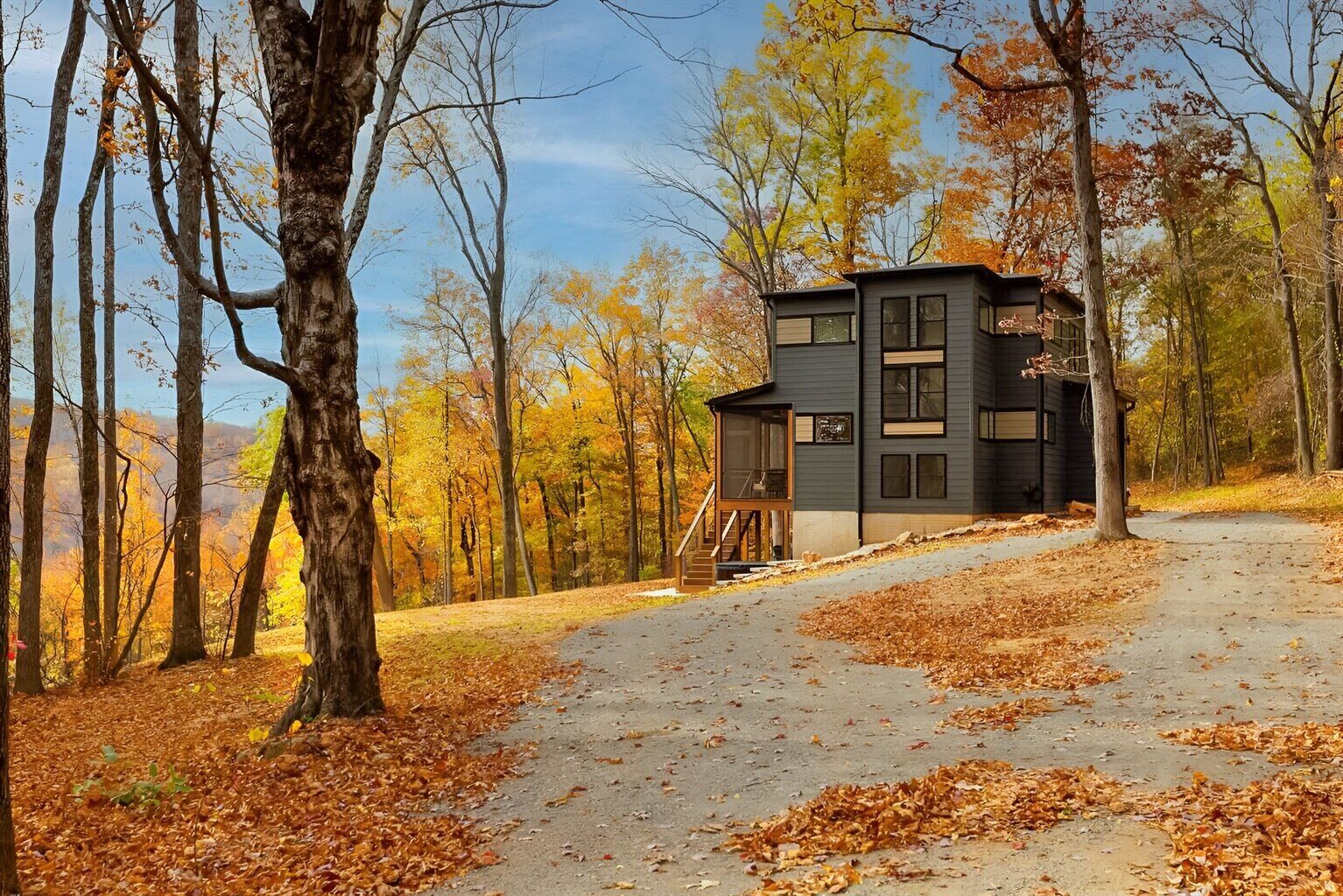 Swift Run, a dark-sided contemporary Bailey Builds home on a wooded hillside in fall