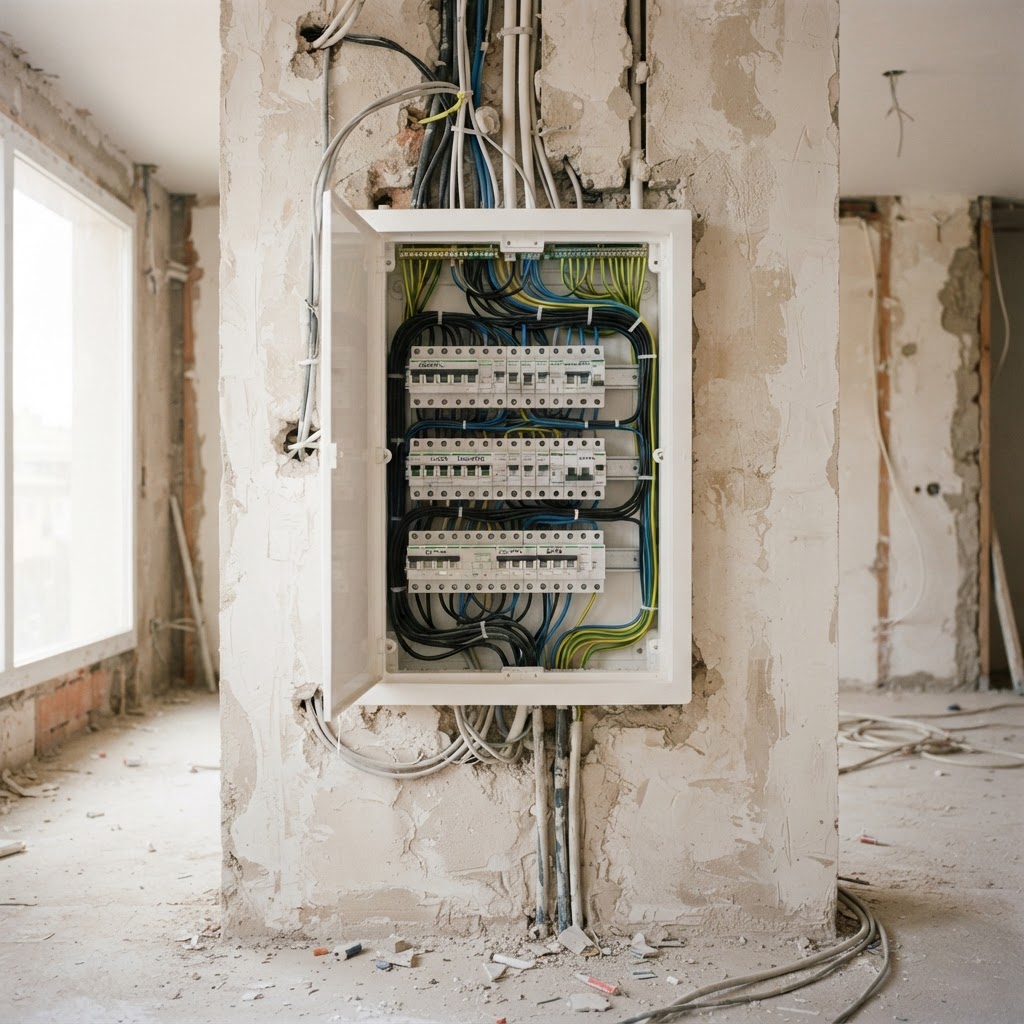 Cuadro eléctrico moderno instalado en una pared durante una obra en A Coruña
