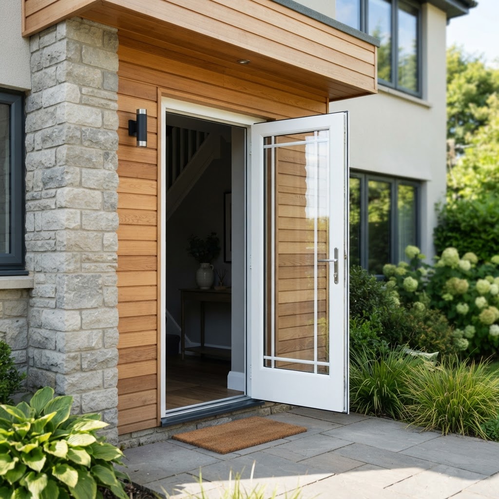 Puerta de entrada blanca de PVC en fachada de vivienda