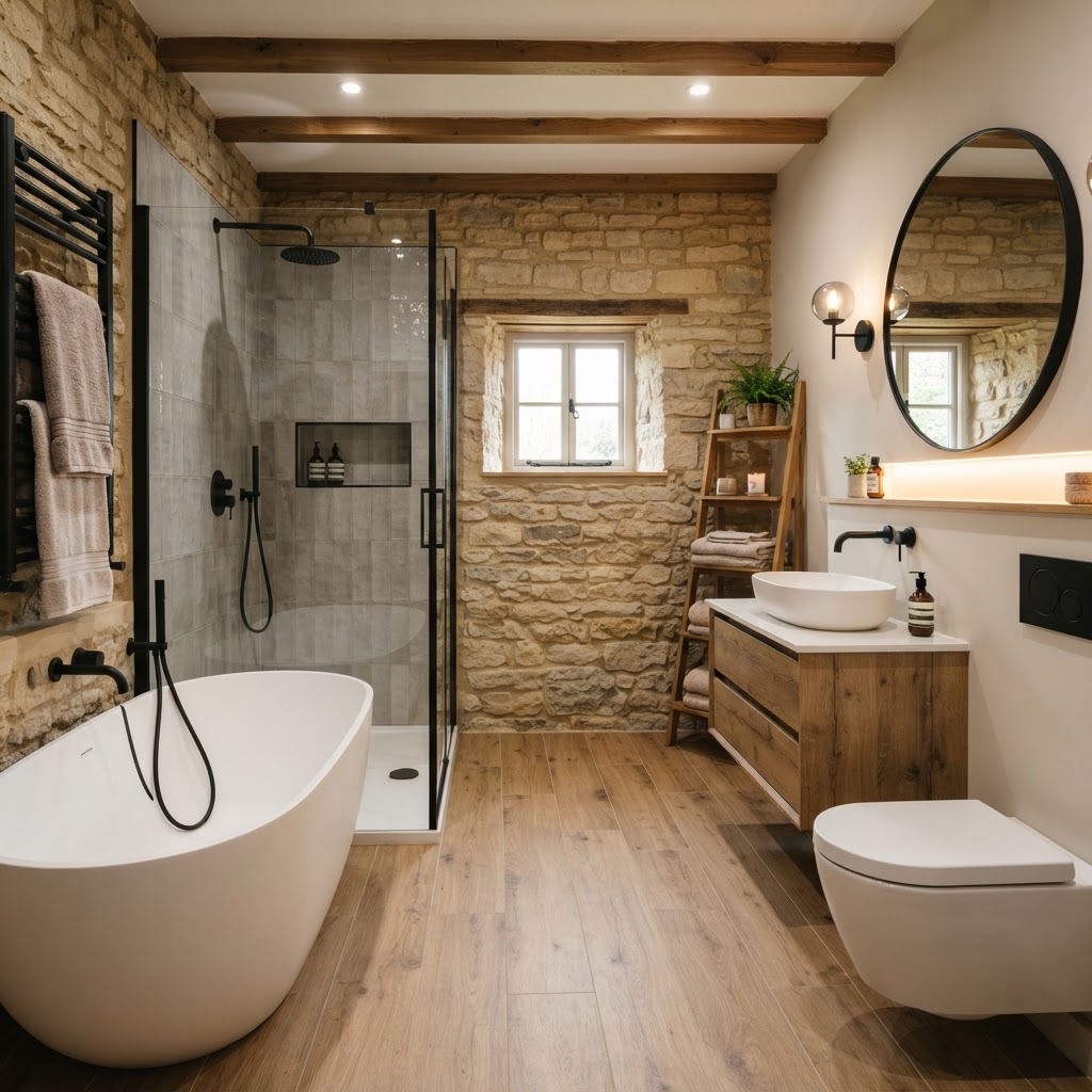 Baño terminado en casa de piedra