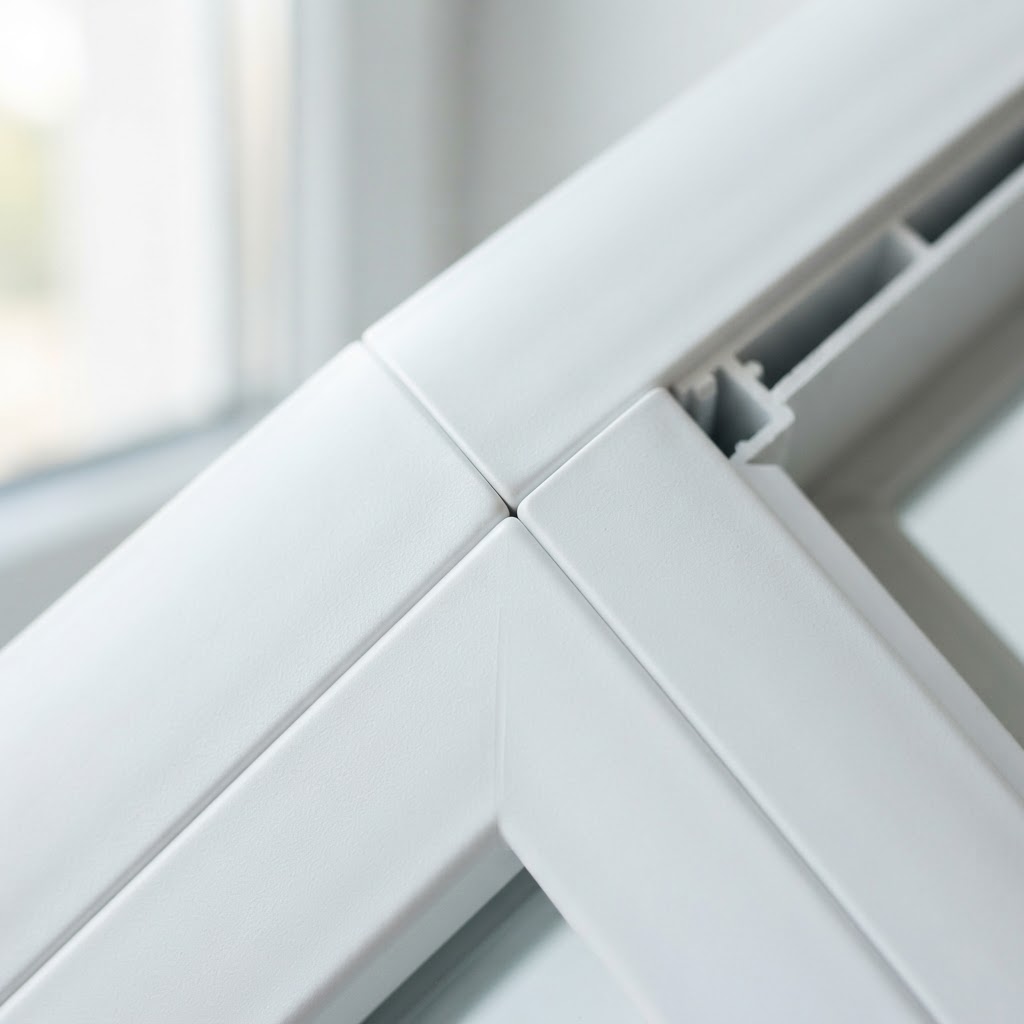 Detalle de esquina de perfil de PVC blanco con soldadura invisible