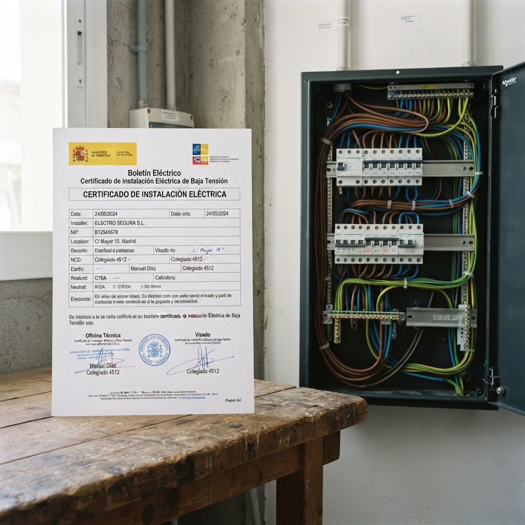 Certificado eléctrico oficial junto a cuadro eléctrico con interruptores magnetotérmicos