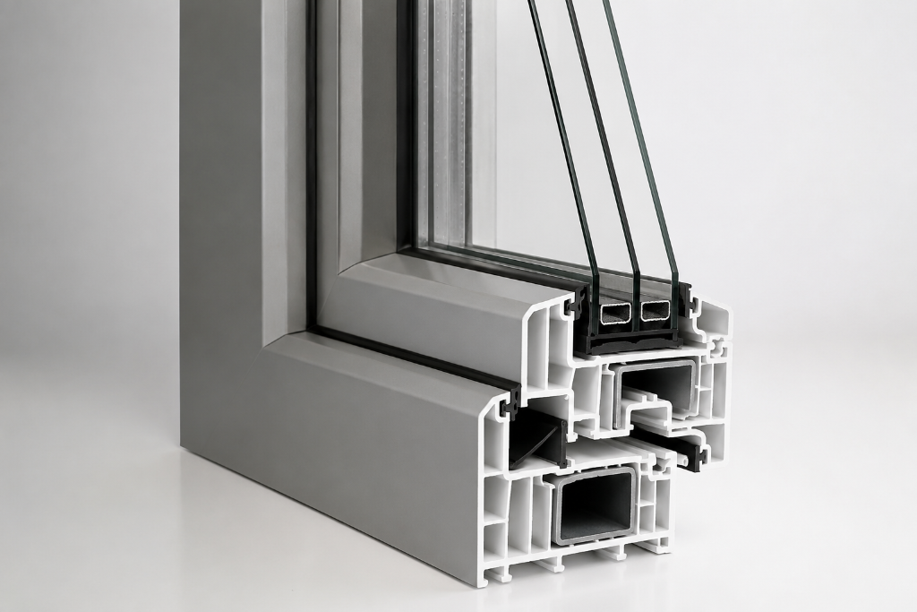 Sección de perfil híbrido aluminio + PVC con cámara triple y refuerzo de acero