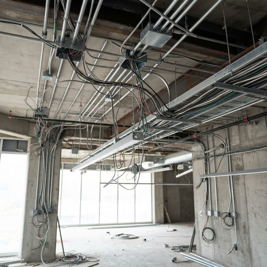 Instalación eléctrica en techo de local comercial durante una obra