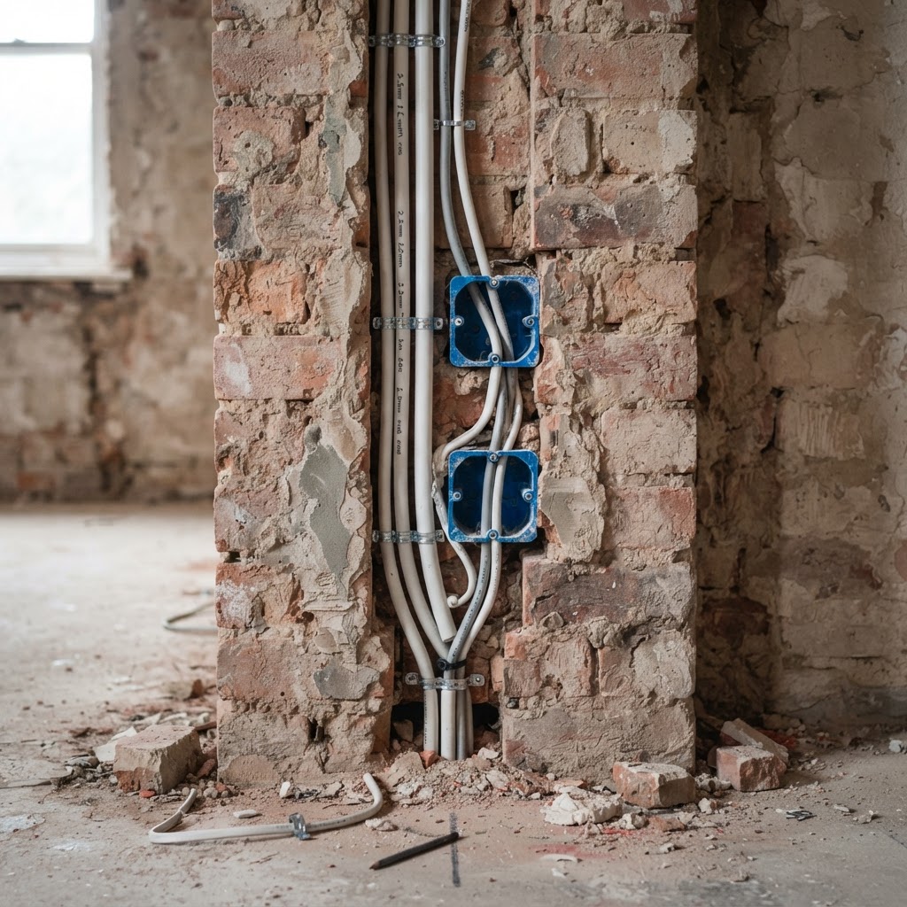 Cableado eléctrico empotrado en pared durante una reforma integral