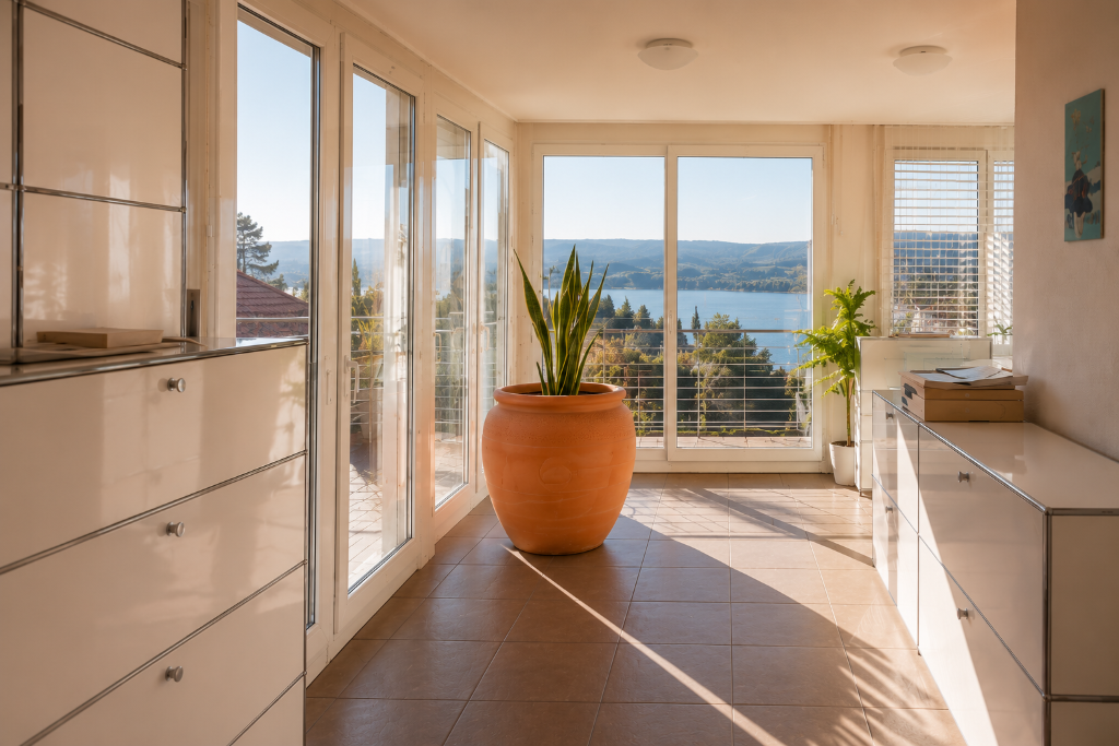 Lernraum Greifensee – Aussicht und Terracotta-Vase