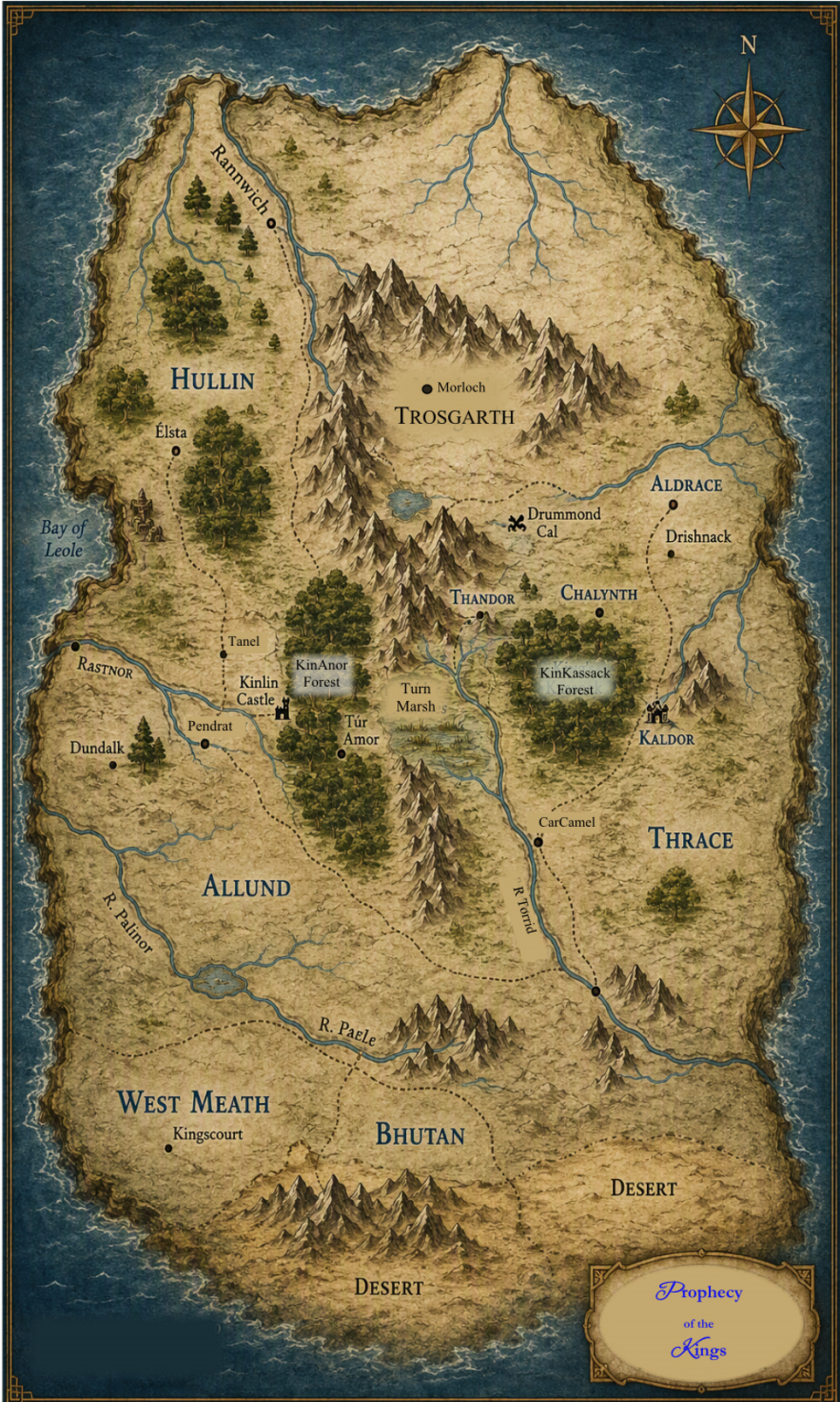 Map of the Isle of Élsta — the fantasy world of the Prophecy of the Kings, showing regions Hullin, Trosgarth, Allund, Thrace, West Meath, Bhutan and the Desert, with cities, rivers, forests and the Bay of Leole