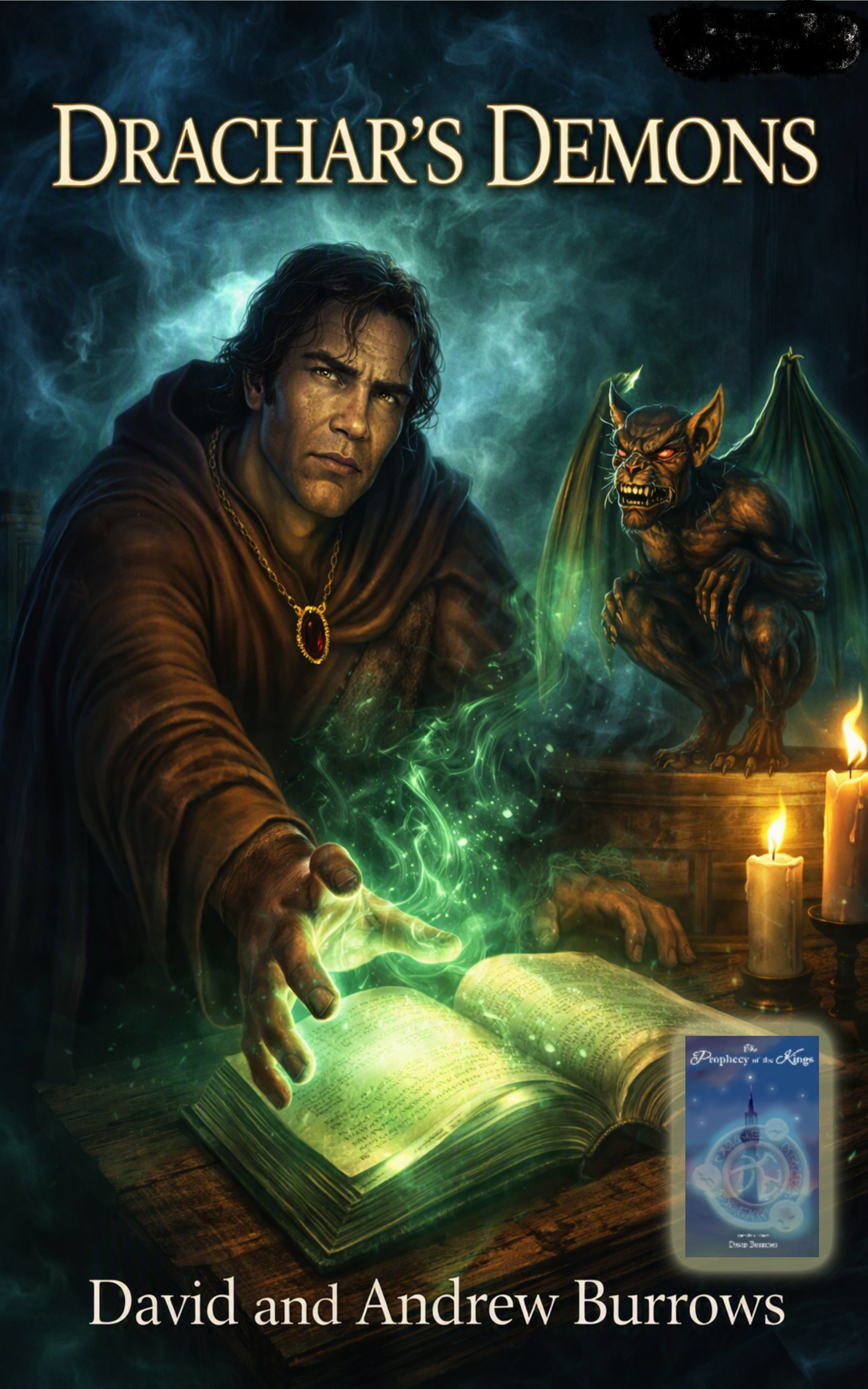 Drachar's Demons — dark epic fantasy book cover by author David Burrows, prequel to the Prophecy of the Kings series, featuring a sorcerer summoning demons with green magic and a winged demon with glowing red eyes