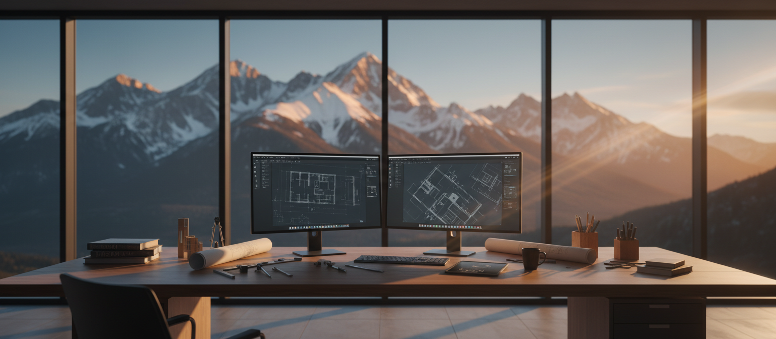 Modern Colorado workspace at golden hour