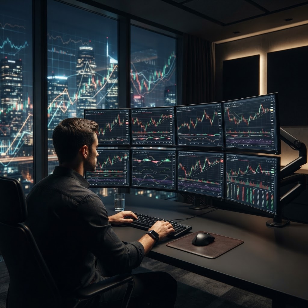 Bureau de trader professionnel avec plusieurs écrans affichant des graphiques boursiers