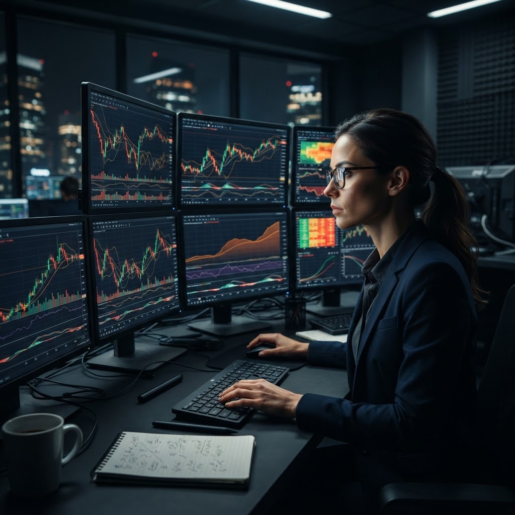 Un trader professionnel analysant ses graphiques et sa gestion du risque