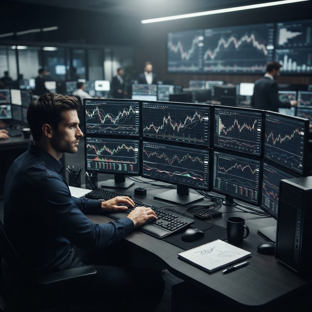 Espace de travail professionnel de trading avec écrans d'analyse financière