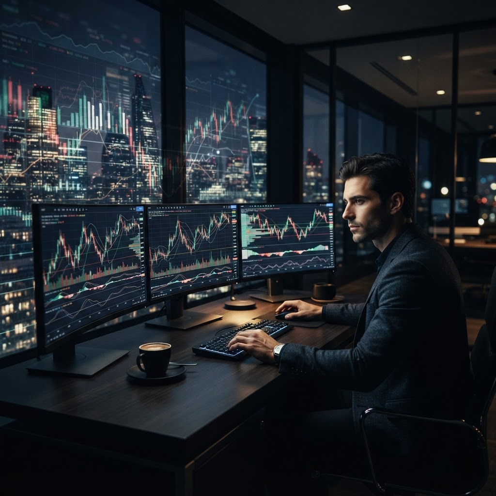 Espace de travail professionnel de trading montrant des graphiques financiers sur des écrans haute résolution.