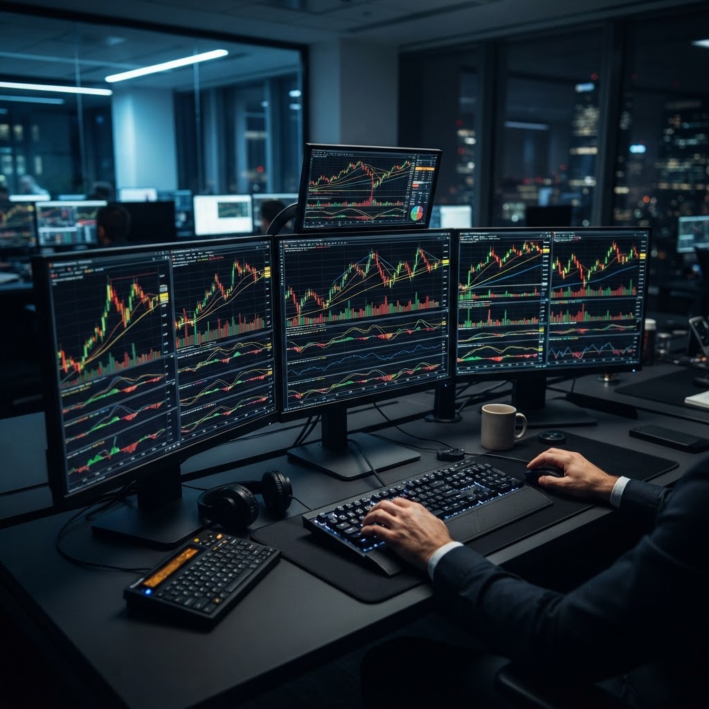 Espace de travail professionnel pour le trading avec écrans et graphiques financiers