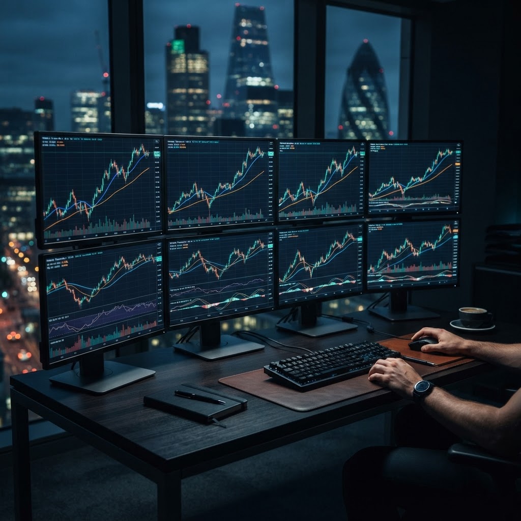 Ecrans de trading affichant des courbes de moyennes mobiles dans un bureau professionnel
