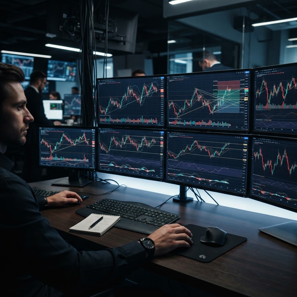 Analyste financier étudiant des graphiques boursiers sur des écrans multiples pour sa stratégie de trading