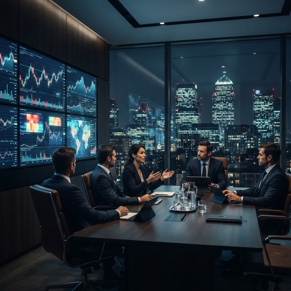 Bureau moderne avec écrans affichant des données financières et graphiques de trading.
