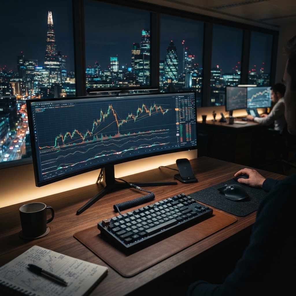 Bureau de trader professionnel avec des graphiques boursiers sur écran, illustrant le concept de trading et gestion de capital.