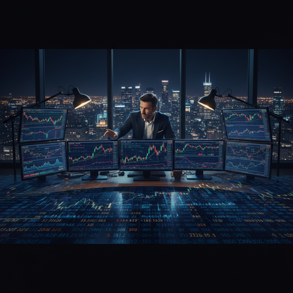 Image d'un bureau de trading professionnel avec des graphiques financiers et un trader analysant les tendances.