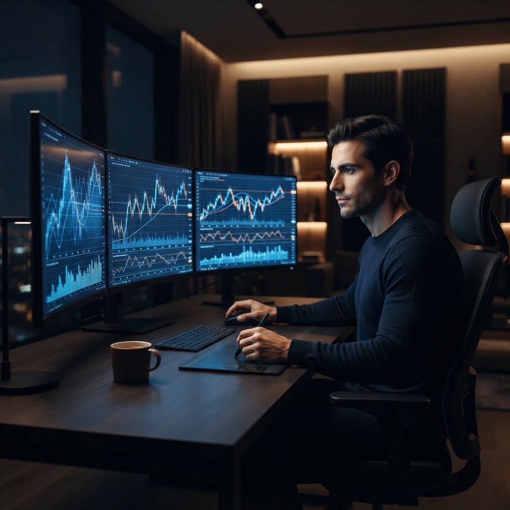 Un trader concentré devant ses graphiques illustrant la patience et la discipline.
