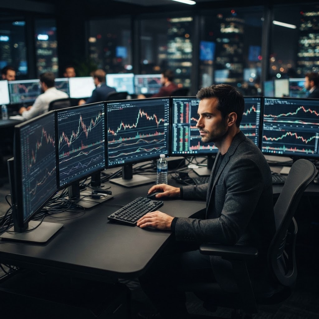 Espace de travail de trading professionnel avec plusieurs écrans affichant des graphiques financiers.