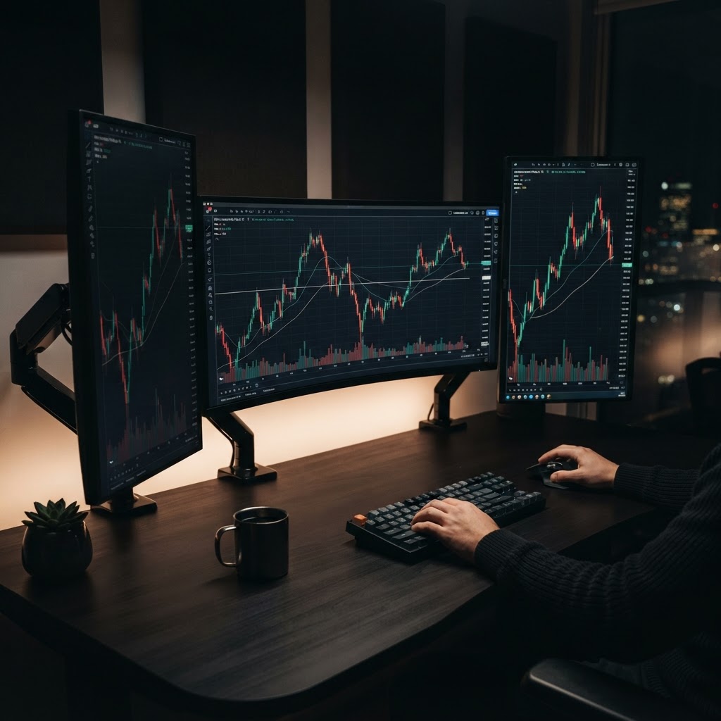 Bureau de trading professionnel avec plusieurs écrans affichant des graphiques boursiers