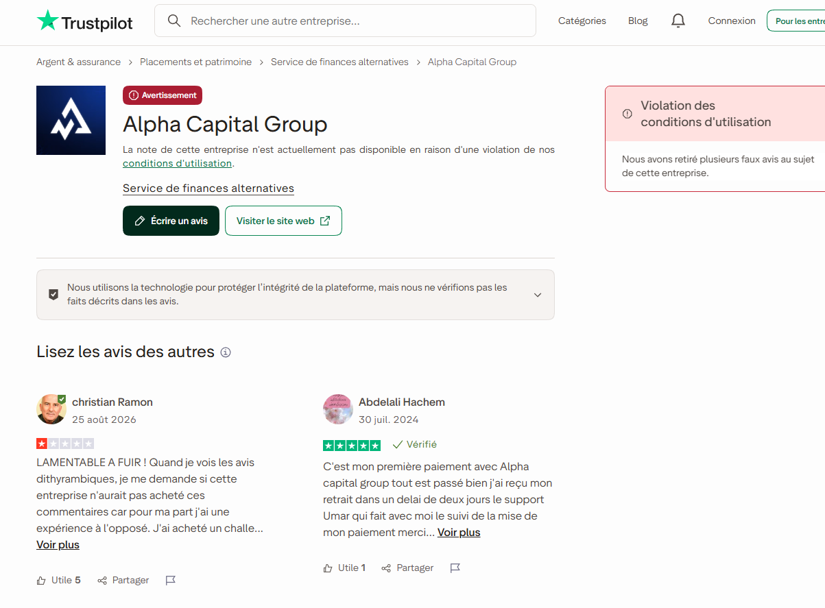 Profil Trustpilot d'Alpha Capital Group affichant le badge Avertissement et le retrait de faux avis