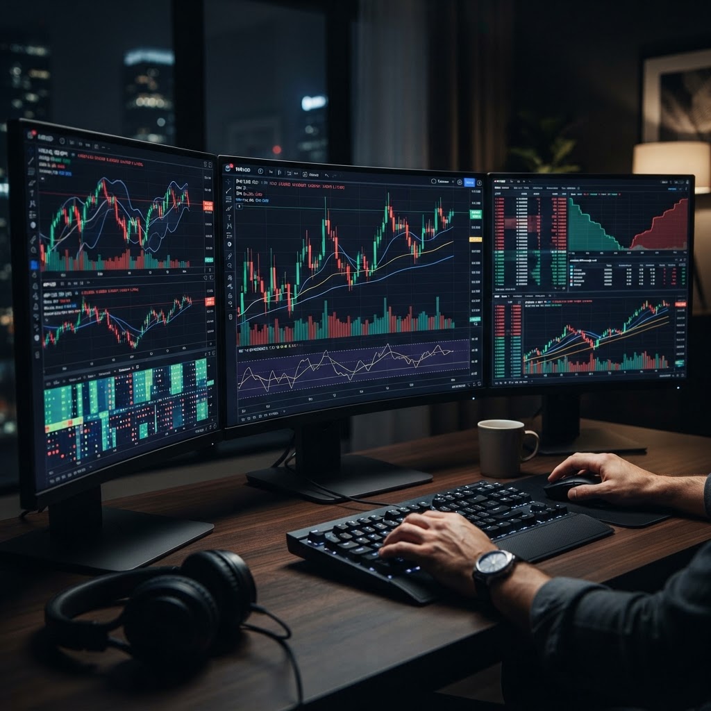Tableau de bord de trading professionnel affichant des graphiques RSI et des bougies japonaises