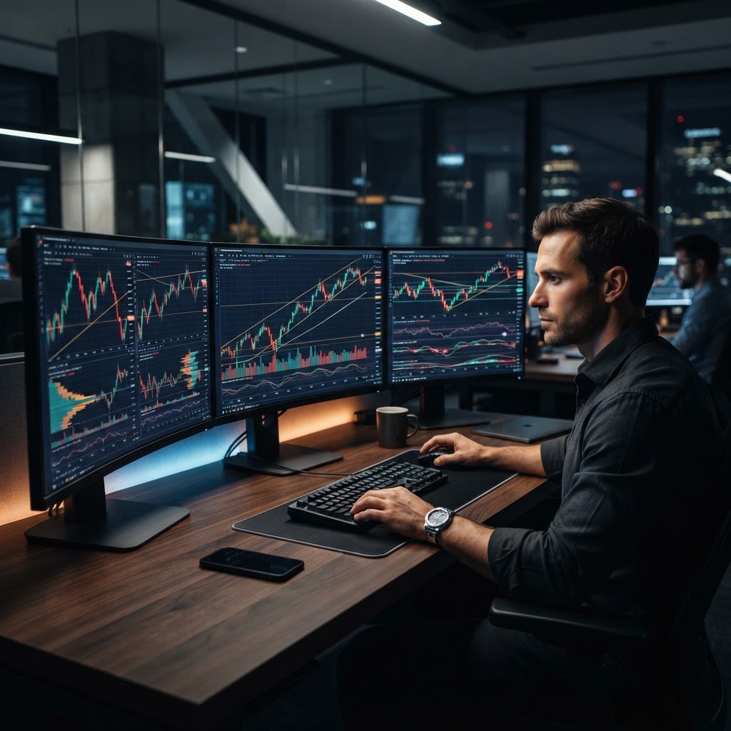 Bureau de trader professionnel avec écrans affichant des graphiques boursiers
