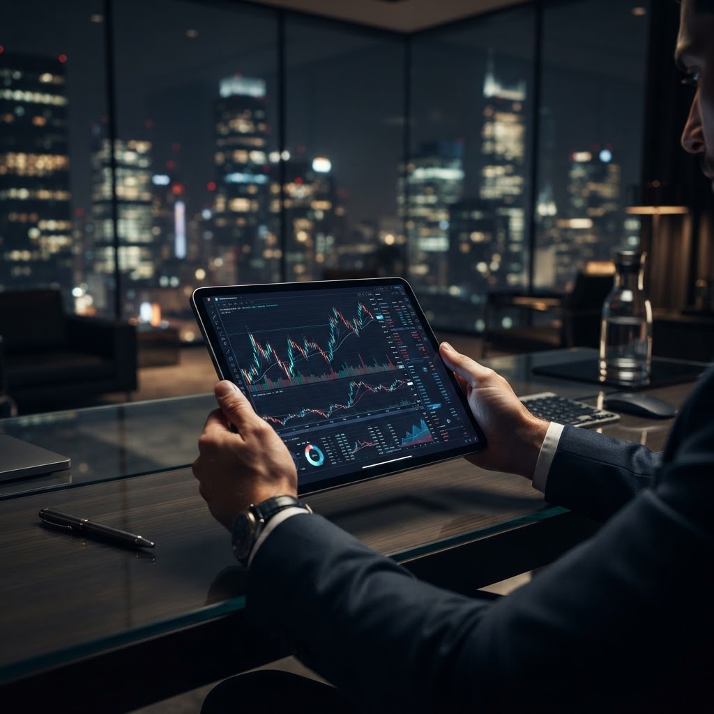 Tablette affichant des analyses financières dans un bureau moderne