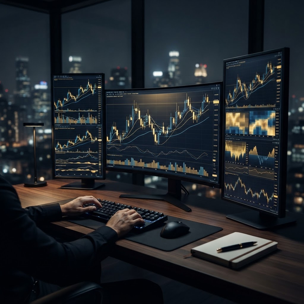 Ecrans de trading affichant des graphiques financiers et des données économiques