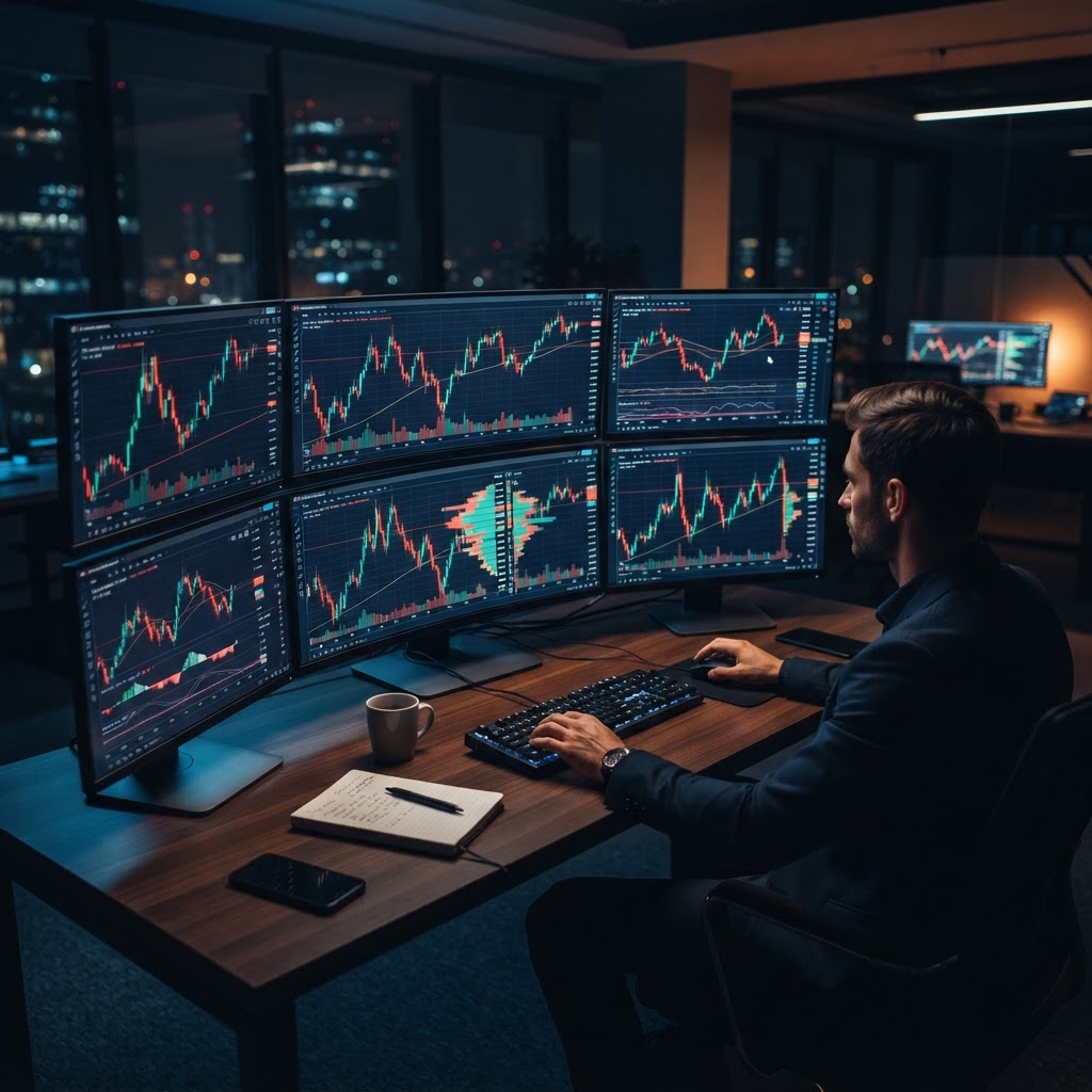 Espace de travail professionnel de trading avec des écrans affichant des graphiques boursiers