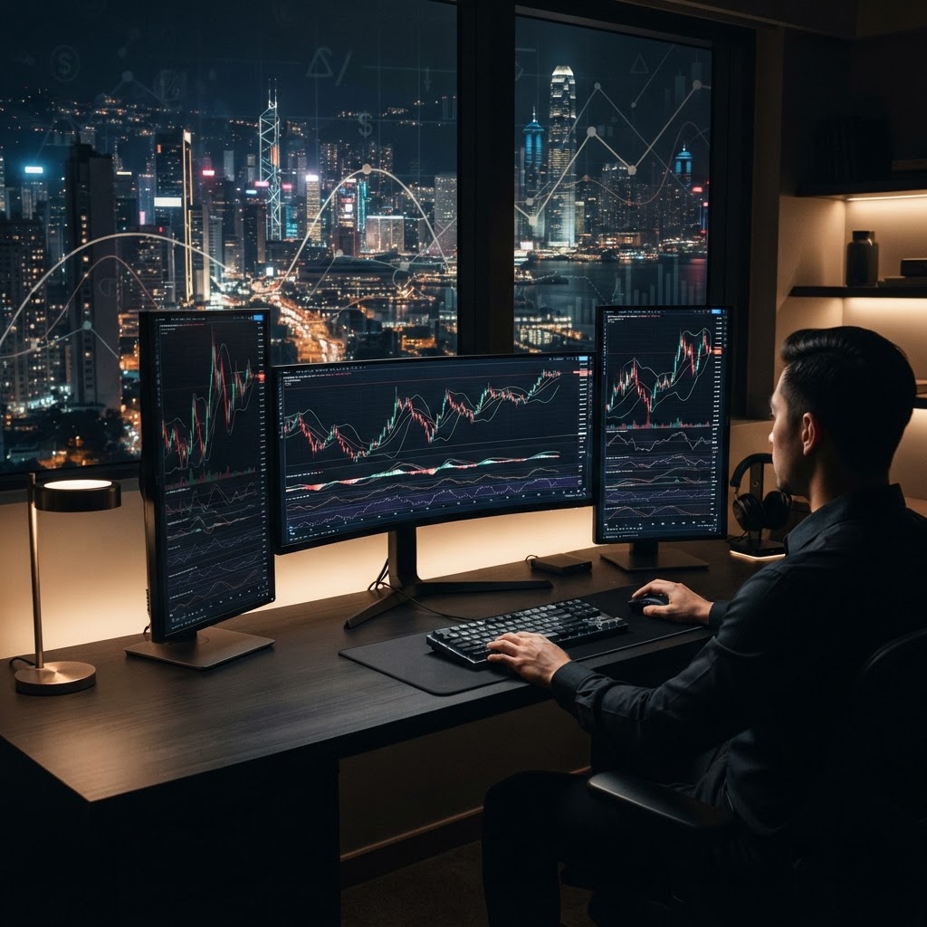 Un bureau de trader professionnel avec plusieurs écrans affichant des graphiques d'analyse technique, illustrant la rigueur et la discipline.