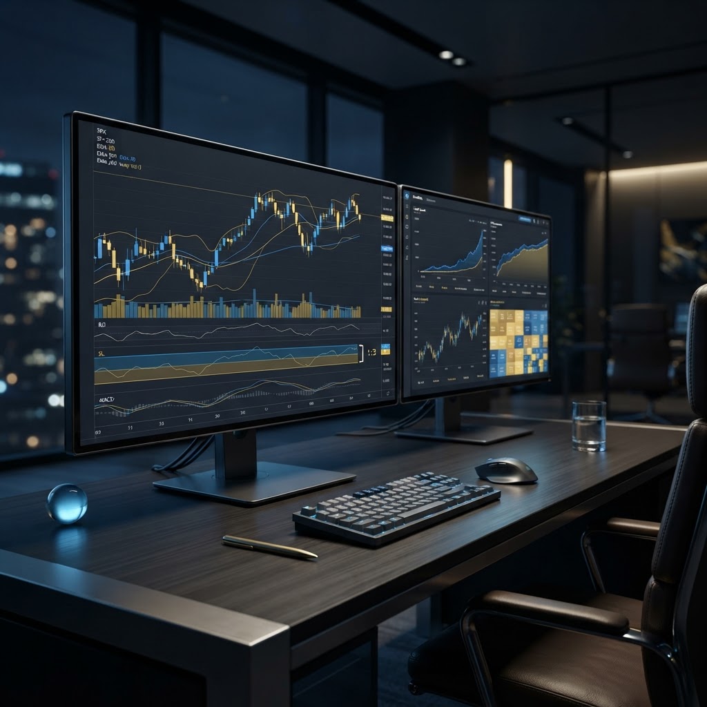 Illustration abstraite et professionnelle sur le thème du trading haute performance et de la gestion du risque