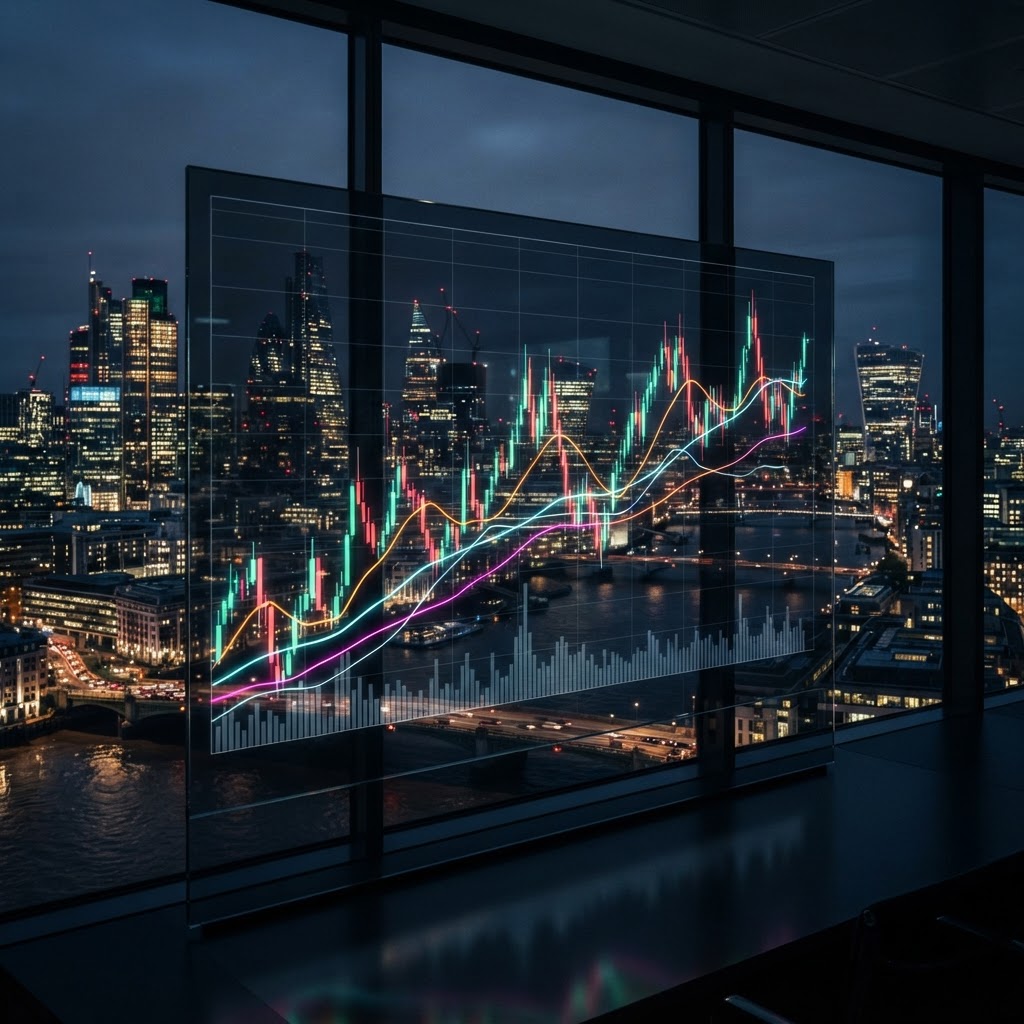 Graphique boursier professionnel avec des lignes de moyennes mobiles pour le trading.