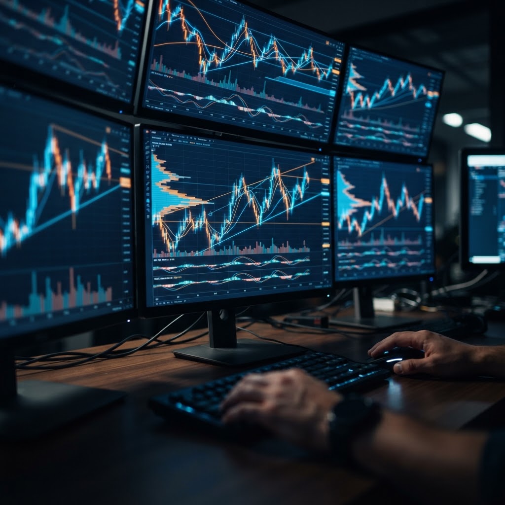 Ecrans de trading montrant des graphiques financiers en temps réel